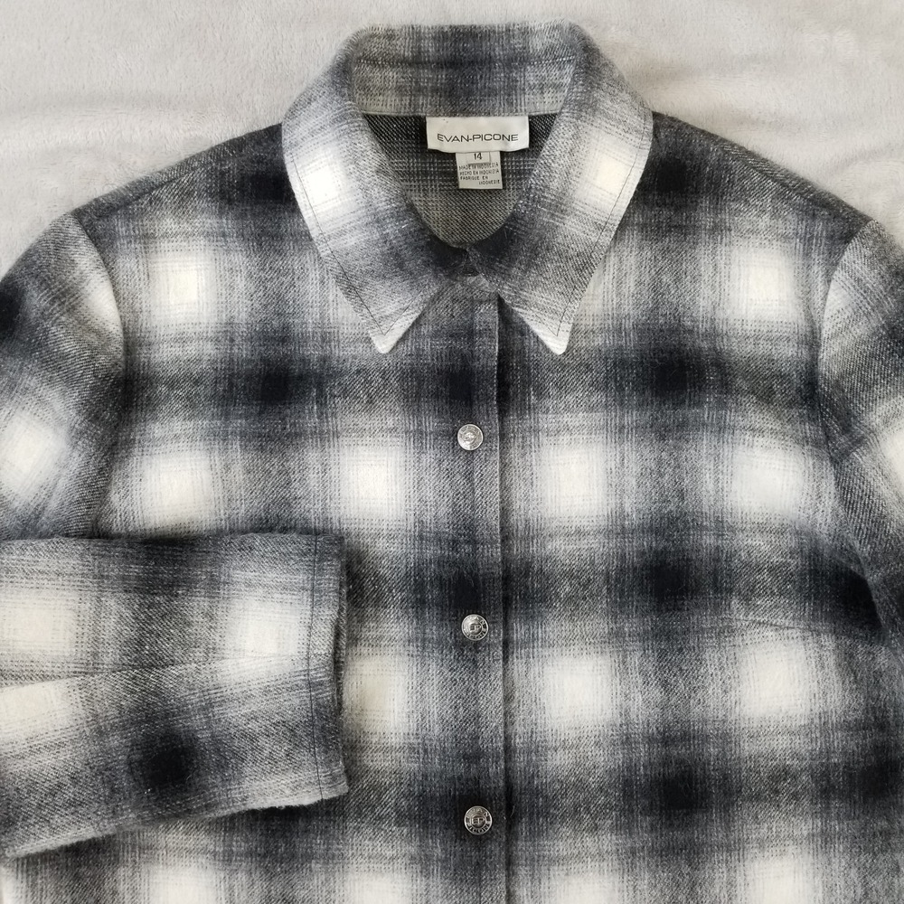 Vintage Evan Picone Shirt Women 14 Wool Blend Cholo Shadow Plaid Snap Shacket